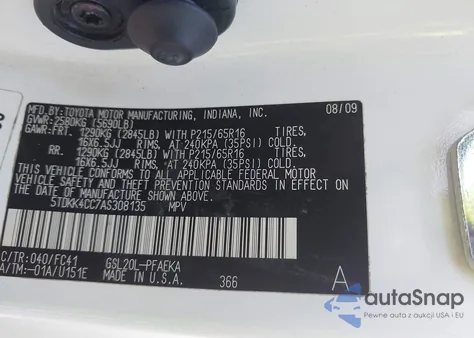 2010 Toyota Sienna Le z USA, uszkodzony, nr VIN 5TDKK4CC7AS308135